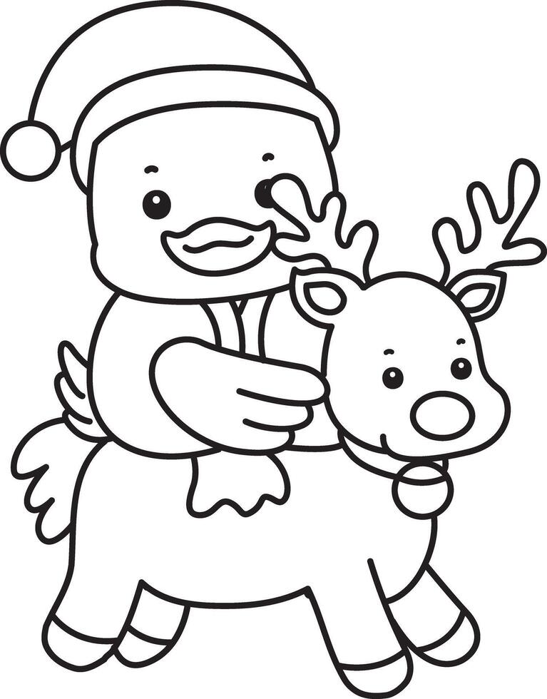 Outline of santa duck riding a reindeer. Coloring pages of Funny baby Duck animal series. vector