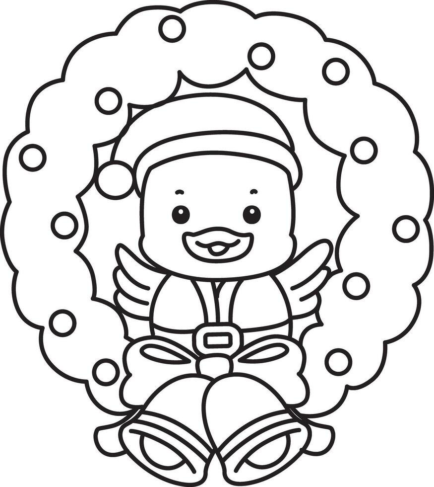 Outline of santa duck in the middle of door decoration. Coloring pages of Funny baby Duck animal series. vector