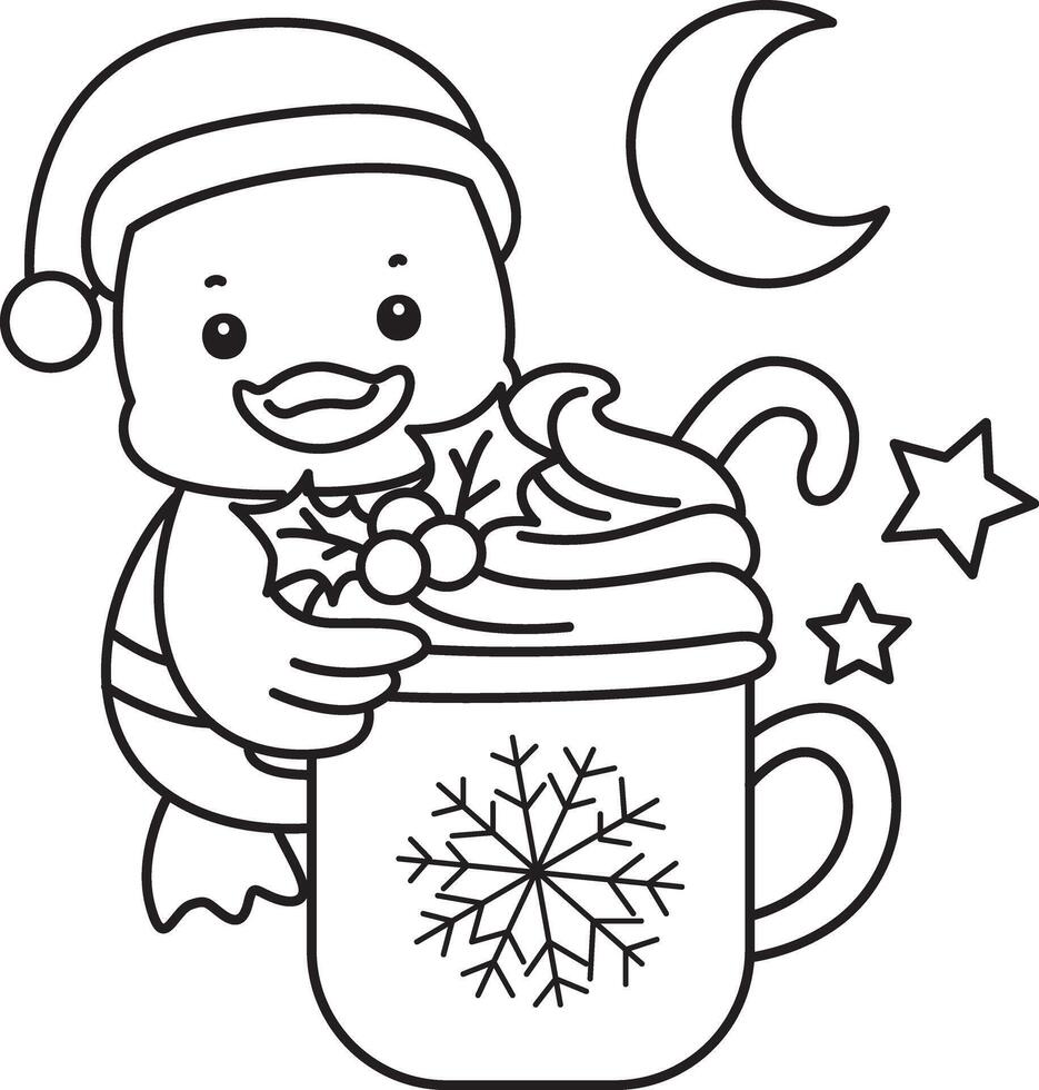 Outline of santa duck with hot chocolate. Coloring pages of Funny baby Duck animal series. vector