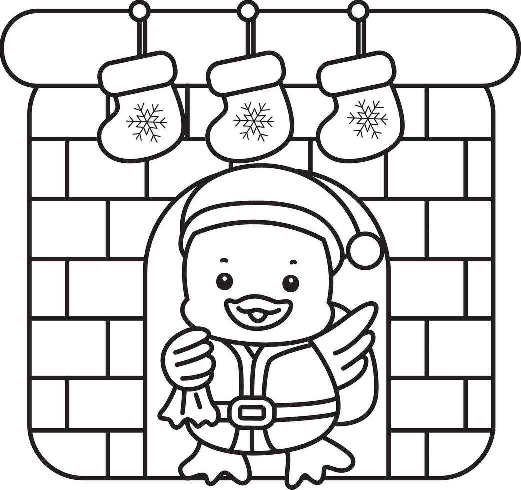 Outline of santa duck arrive in the fire place. Coloring pages of Funny baby Duck animal series. vector