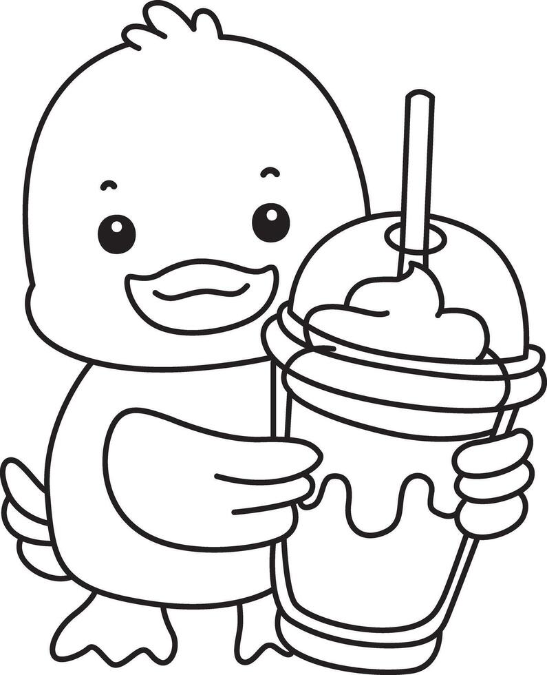 Outline of duck bring a milkshake. Coloring pages of Funny baby Duck animal series. vector