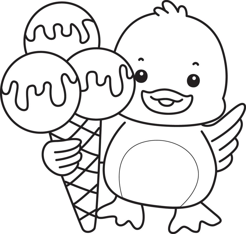 Outline of duck bring a three scoop of ice cream. Coloring pages of Funny baby Duck animal series. vector