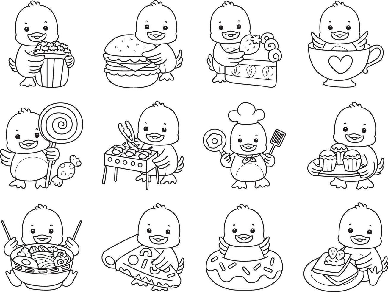 Outline of duck with variation of junk food and dessert. Coloring pages of Funny baby Duck animal series. vector
