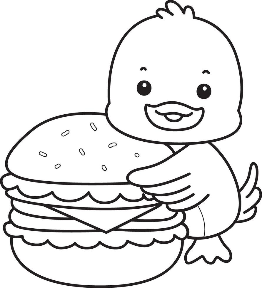 Outline of duck with burger. Coloring pages of Funny baby Duck animal series. vector