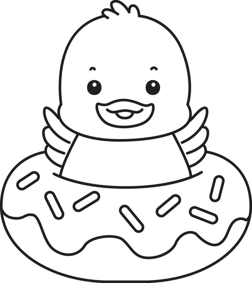 Outline of duck is stuck in the doughnut. Coloring pages of Funny baby Duck animal series. vector