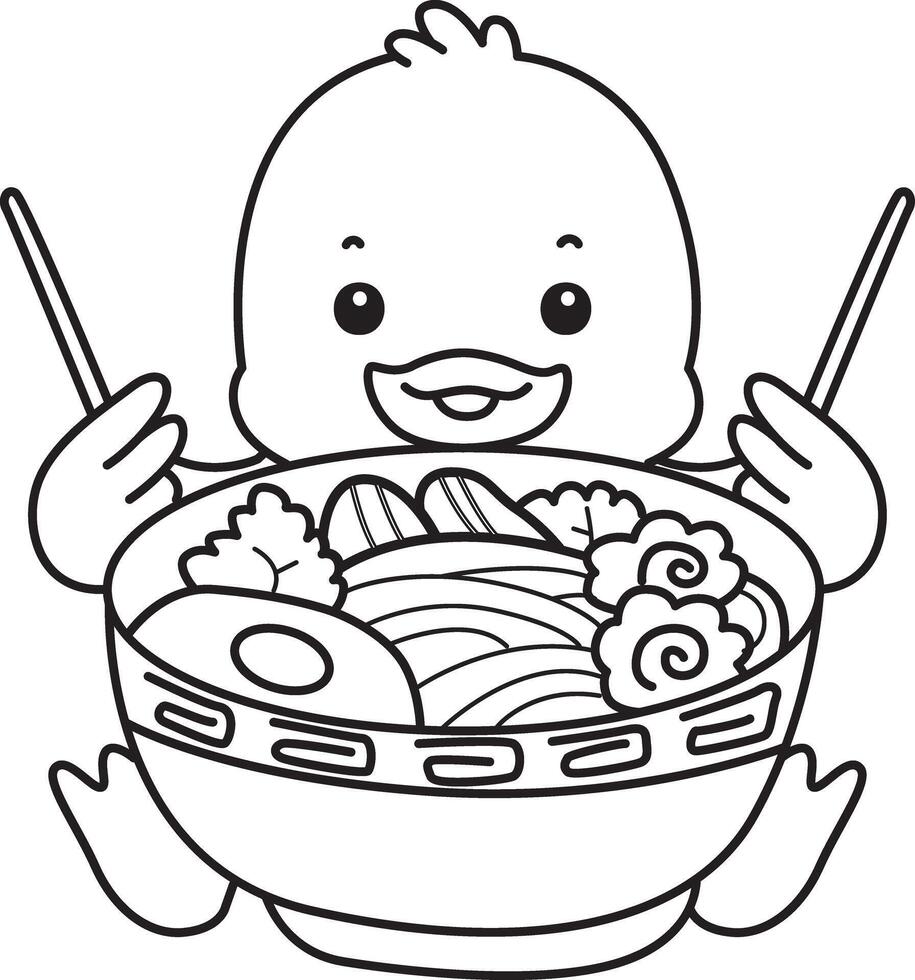 Outline of duck want to eating ramen. Coloring pages of Funny baby Duck animal series. vector