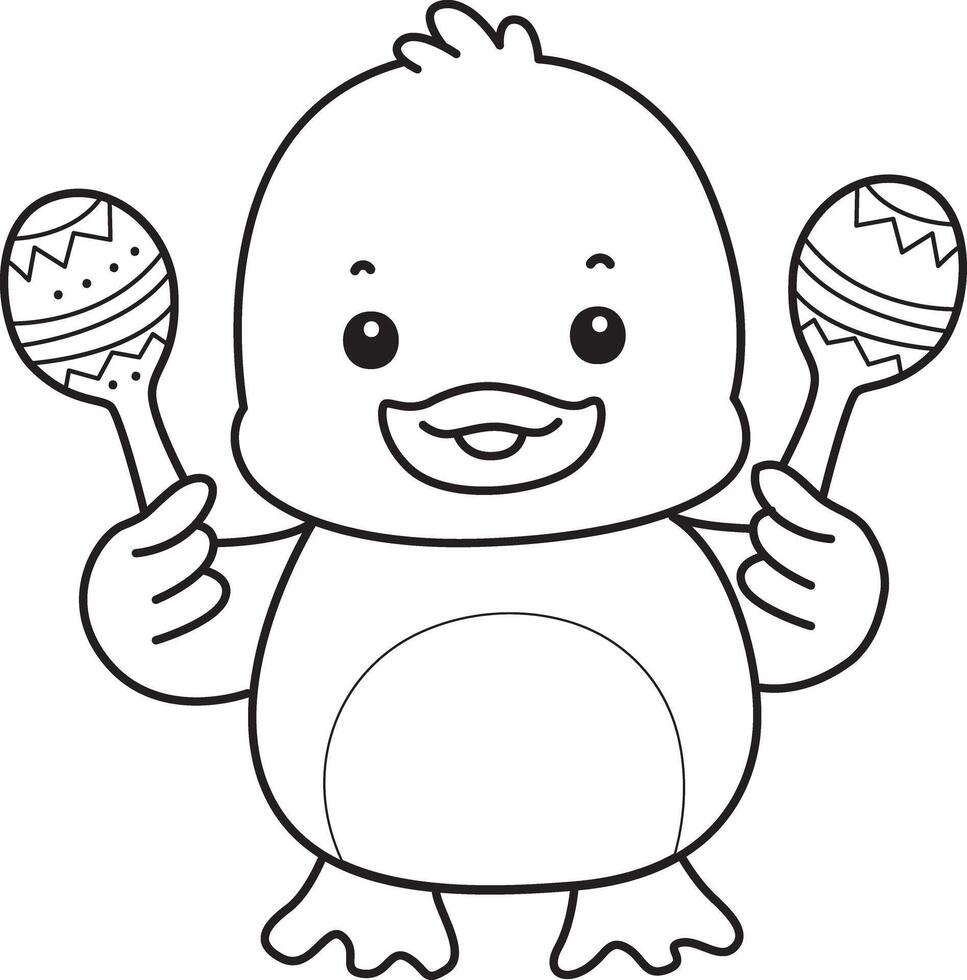 Outline of duck playing a maracas. Coloring pages of Funny baby Duck animal series. vector