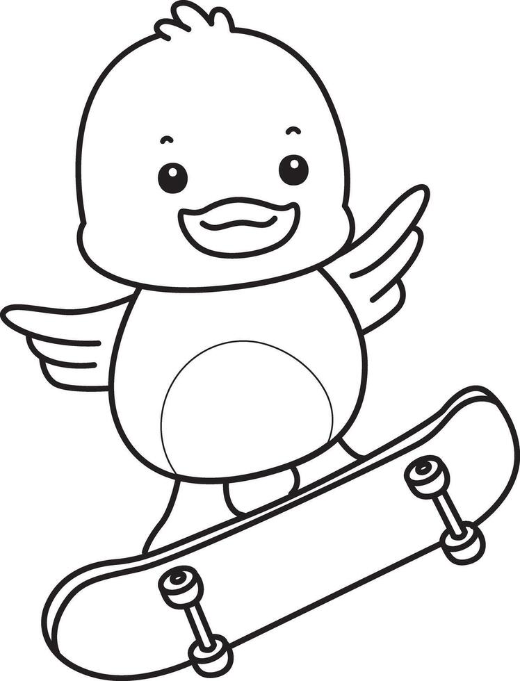 Outline of duck playing a skateboard. Coloring pages of Funny baby Duck animal series. vector