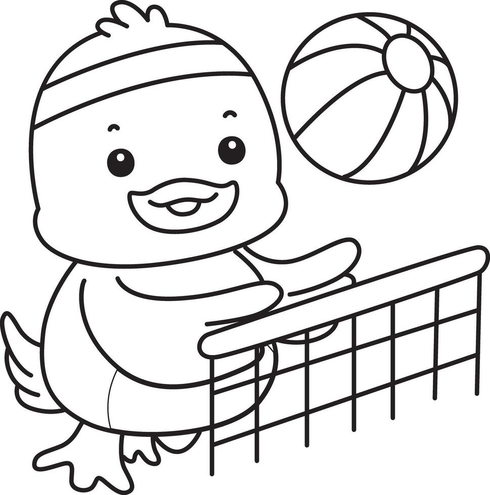 Outline of duck playing a volleyball. Coloring pages of Funny baby Duck animal series. vector