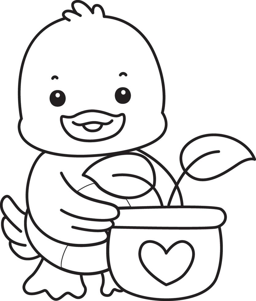 Outline of duck bring a leaves in the pot. Coloring pages of Funny baby Duck animal series. vector