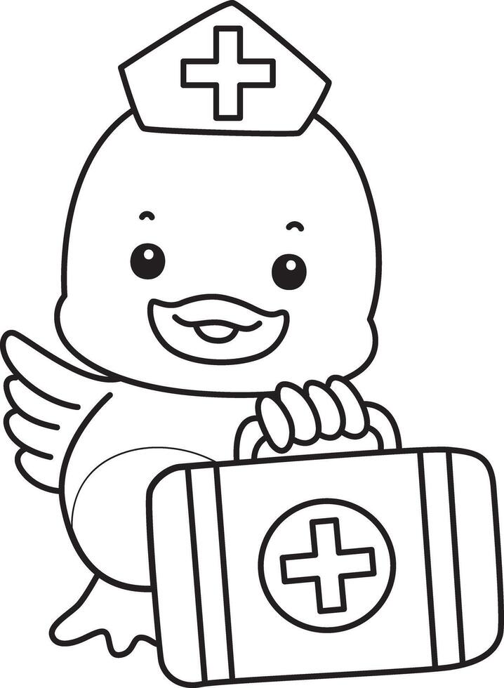 Outline of duck with first aid kit. Coloring pages of Funny baby Duck animal series. vector
