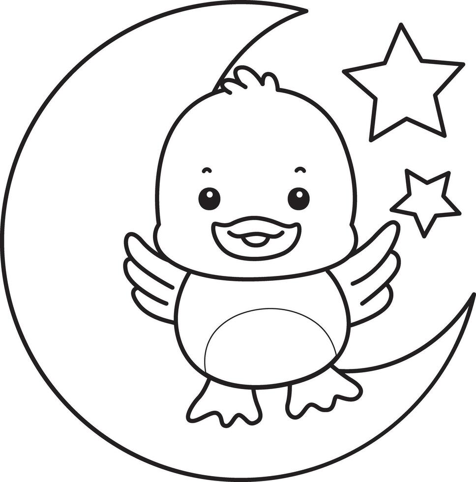 Outline of duck stand up in the moon. Coloring pages of Funny baby Duck animal series. vector