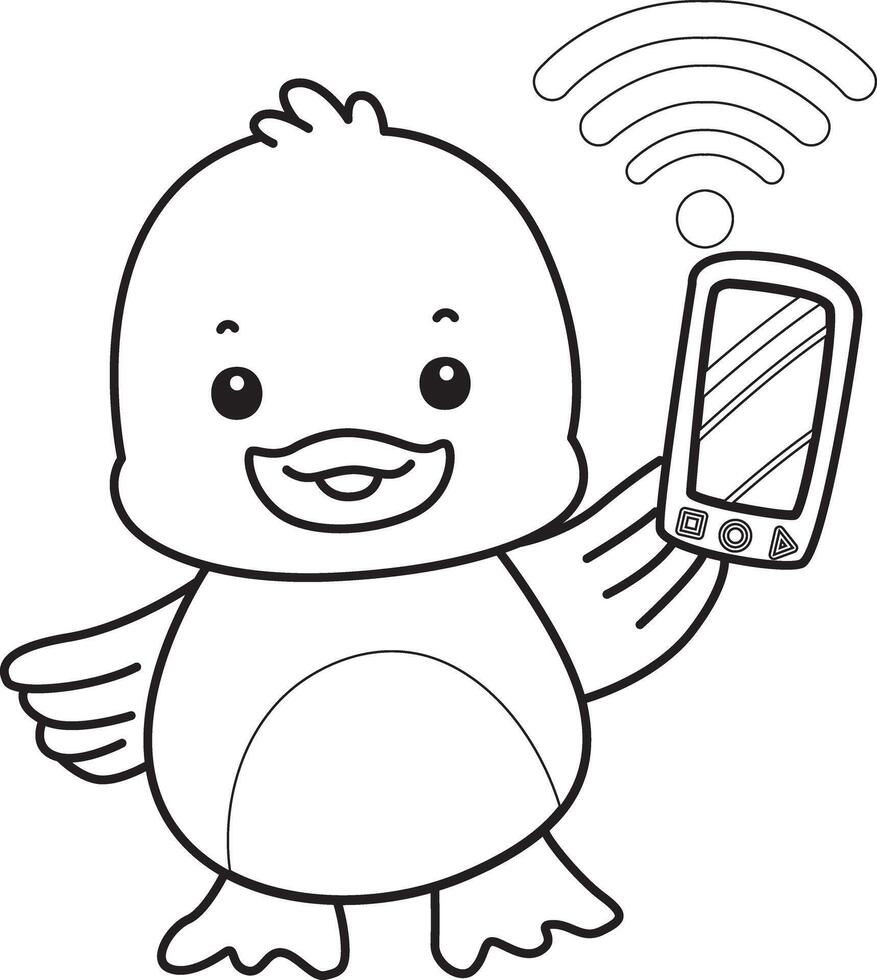 Outline of duck bring a phone. Coloring pages of Funny baby Duck animal series. vector