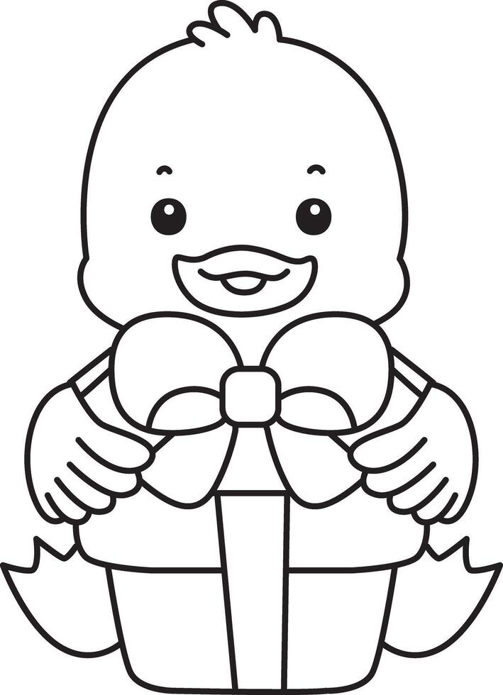 Outline of duck bring a birthday gift. Coloring pages of Funny baby Duck animal series. vector