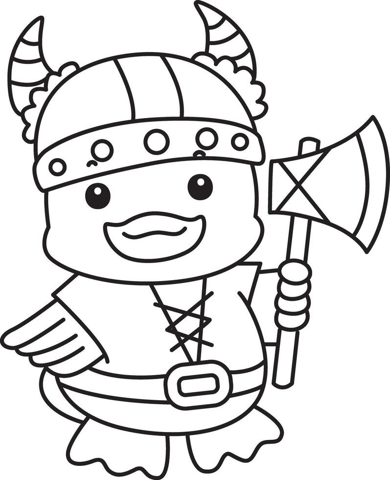 Outline of duck wearing a viking costume. Coloring pages of Funny baby Duck animal series. vector