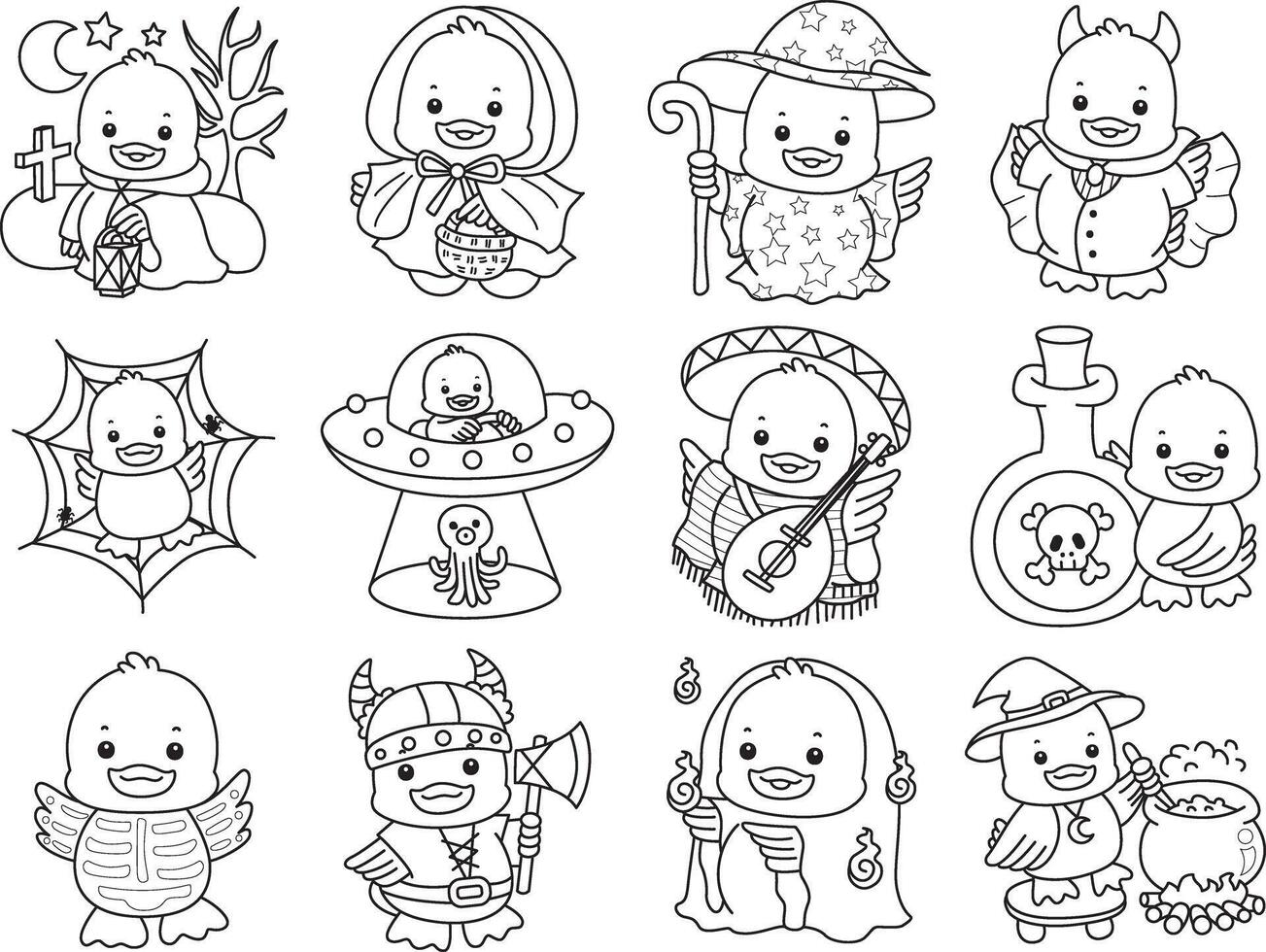 Outline of happy halloween by cute duck. Coloring pages of Funny baby Duck animal series. vector