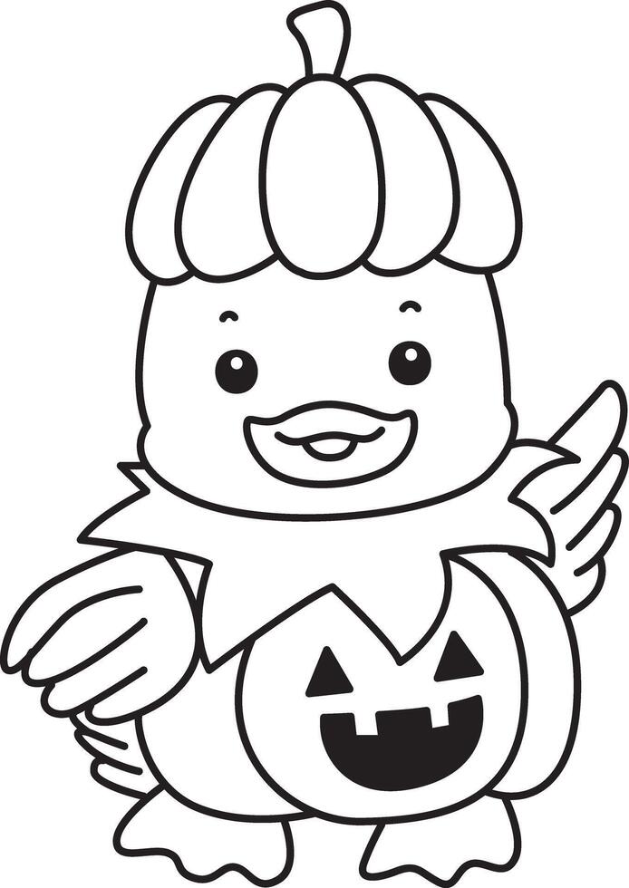 Outline of duck wearing a pumpkin costume in halloween. Coloring pages of Funny baby Duck animal series. vector