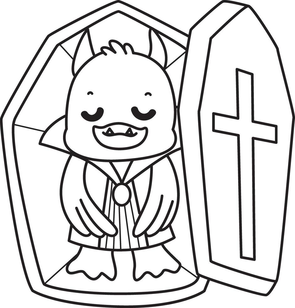 Outline of vampire duck sleeping in the coffin. Coloring pages of Funny baby Duck animal series. vector
