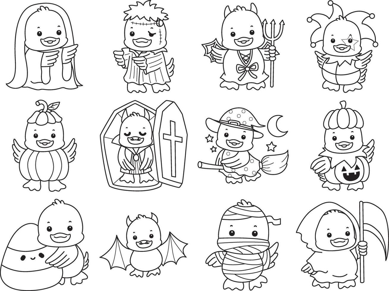 Outline of variation halloween costume. Coloring pages of Funny baby Duck animal series. vector