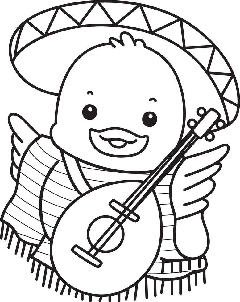Outline of duck wearing indiana costume. Coloring pages of Funny baby Duck animal series. vector