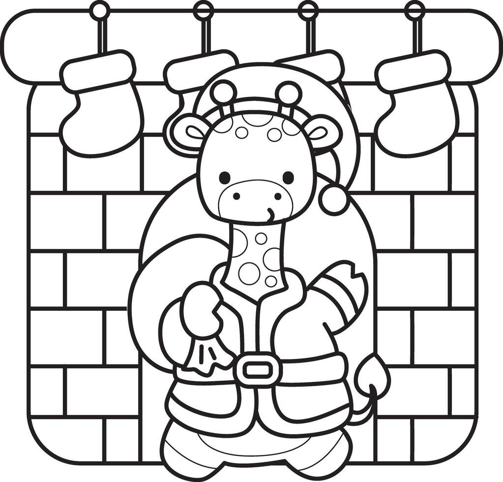 Outline of santa giraffe arrive in the fire place. Coloring pages of cute giraffe. vector
