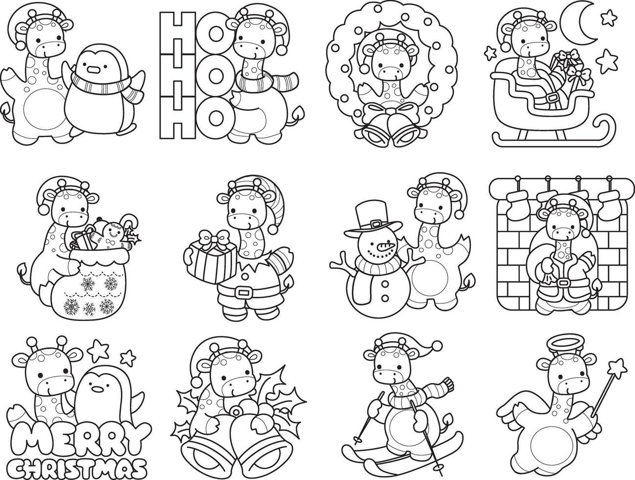 Outline of merry christmas by santa giraffe. Coloring pages of cute giraffe. vector