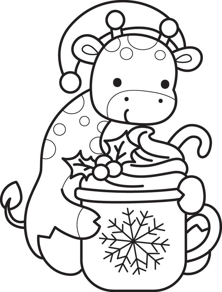 Outline of santa giraffe with hot chocolate. Coloring pages of cute giraffe. vector