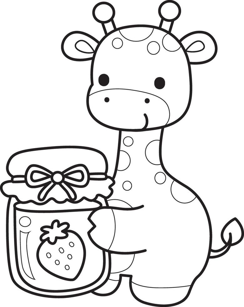 Outline of giraffe bring a strawberry jam. Coloring pages of cute giraffe. vector