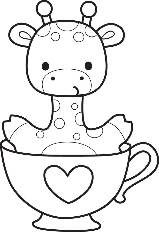 Outline of giraffe stuck in the cup of tea Coloring pages of cute giraffe. vector