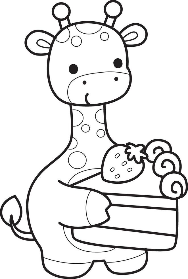 Outline of giraffe bring a strawberry cake. Coloring pages of cute giraffe. vector