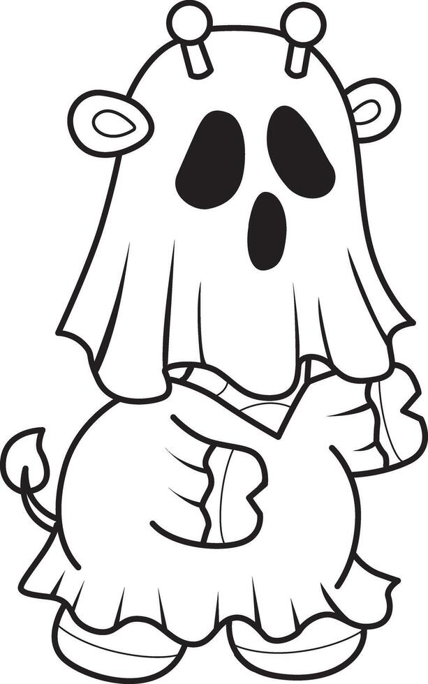 Outline of giraffe wearing a white ghost costume. Coloring pages of cute giraffe. vector