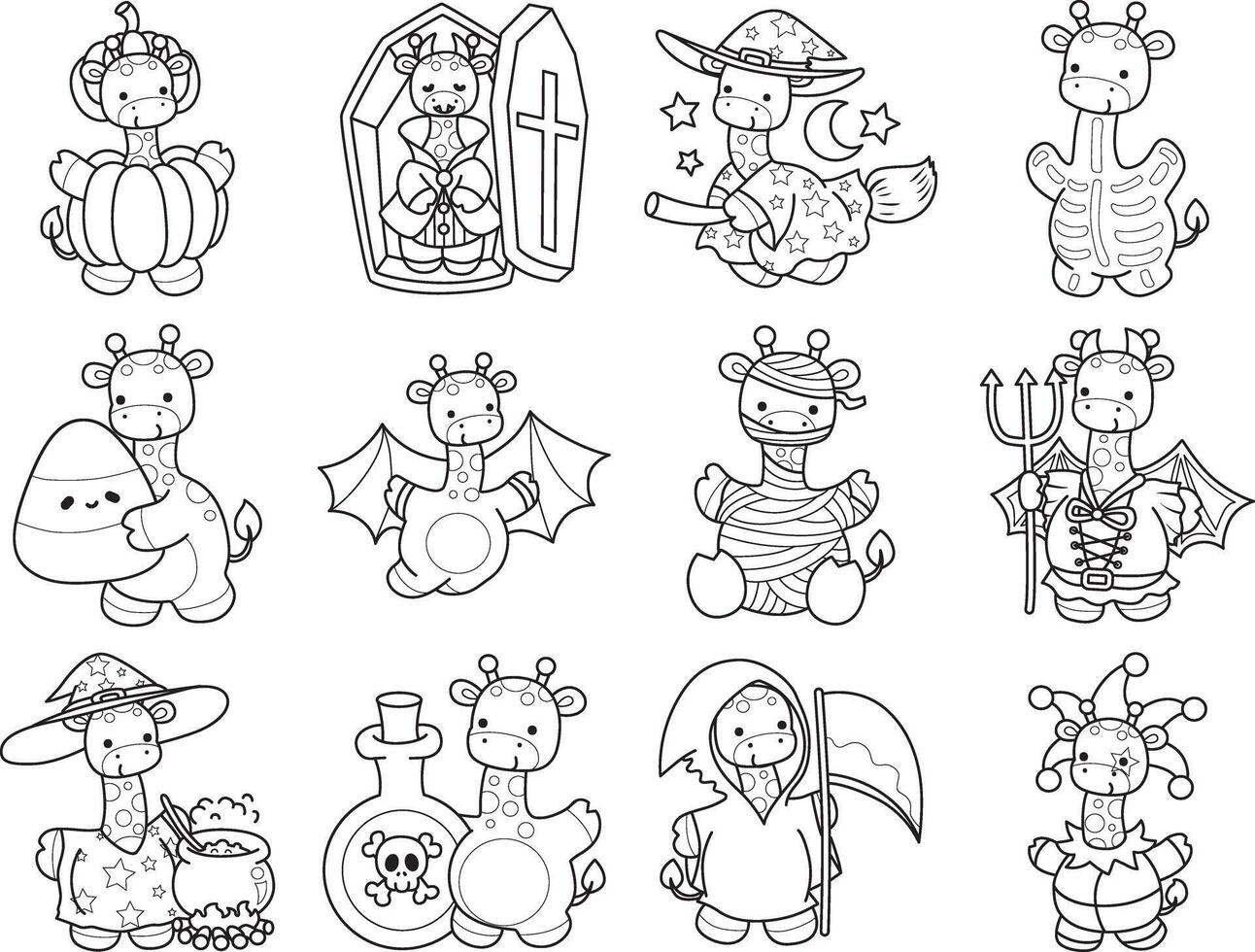 Outline of giraffe in the variation of halloween party. Coloring pages of cute giraffe. vector