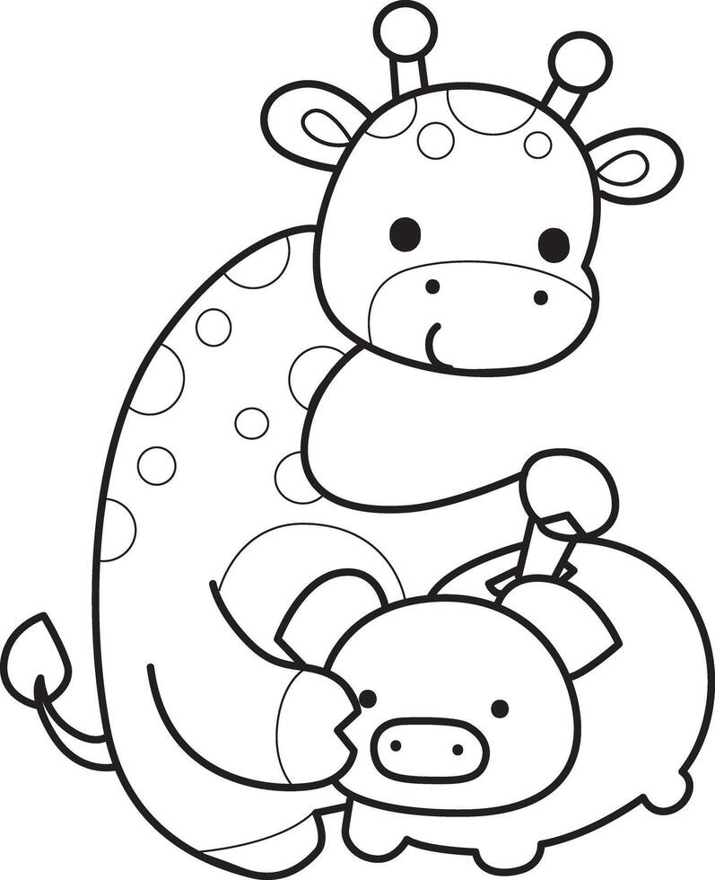 Outline of giraffe savings money in the piggy bank. Coloring pages of cute giraffe. vector