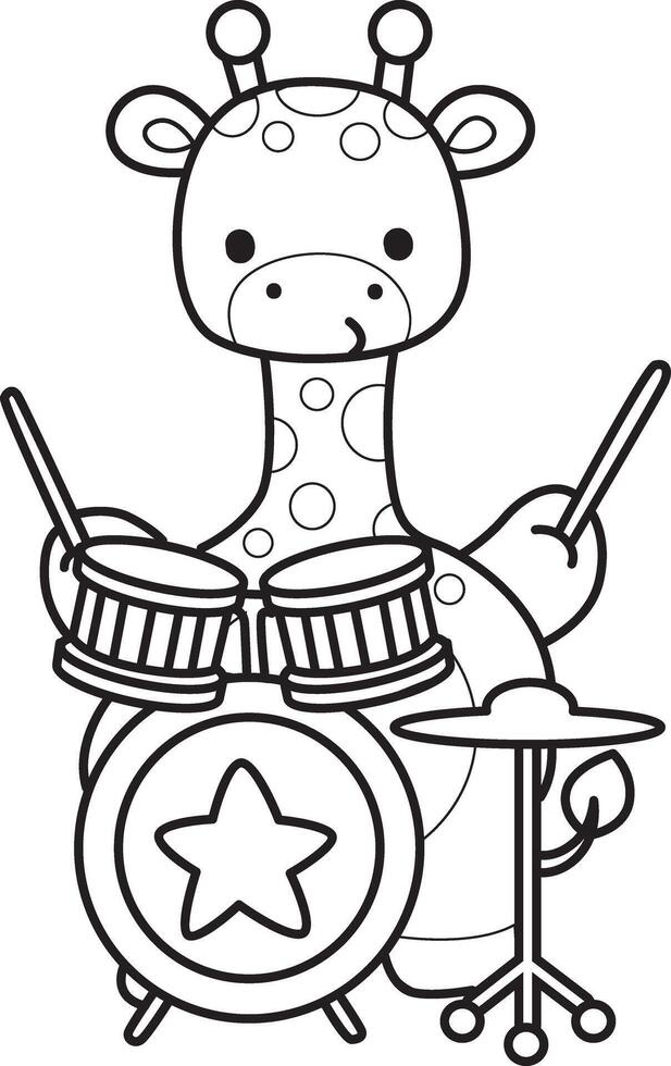 Adobe Illustrator ArtworkOutline of giraffe playing a drum in the band. Coloring pages of cute giraffe. vector