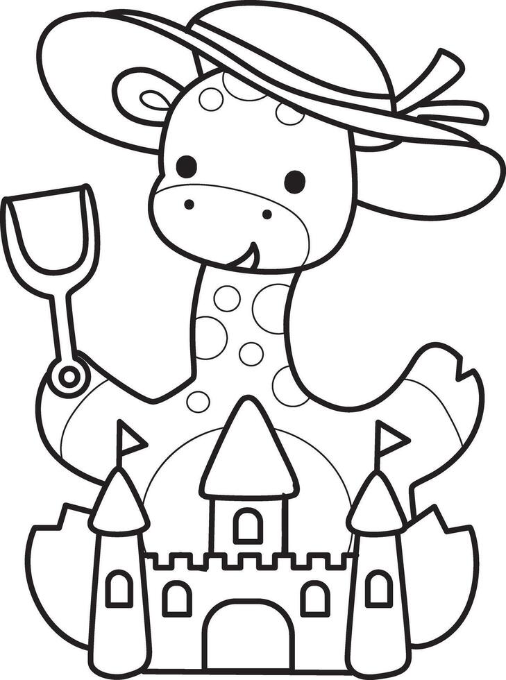 Outline of giraffe playing a sand castle. Coloring pages of cute giraffe. vector