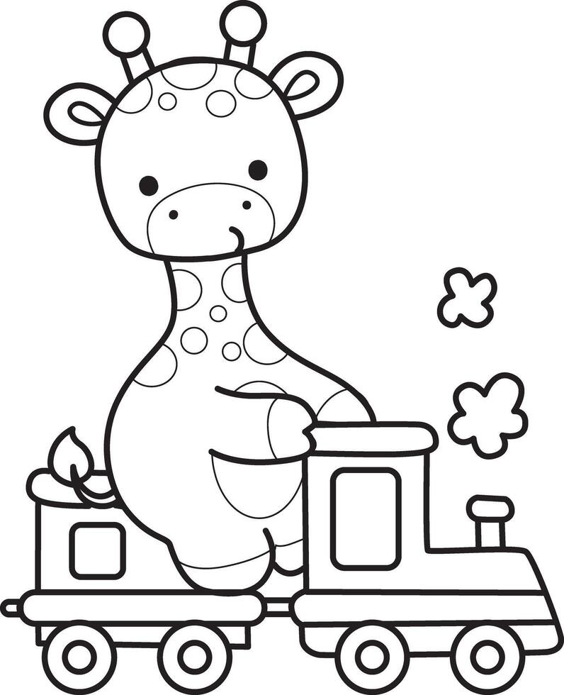 Outline of giraffe riding a train. Coloring pages of cute giraffe. vector