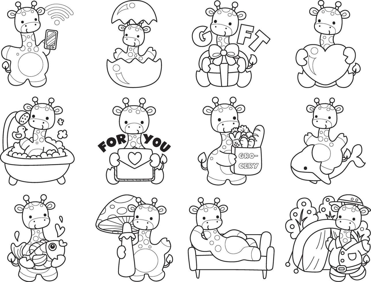 Outline of giraffe in the variation of daily life. Coloring pages of cute giraffe. vector