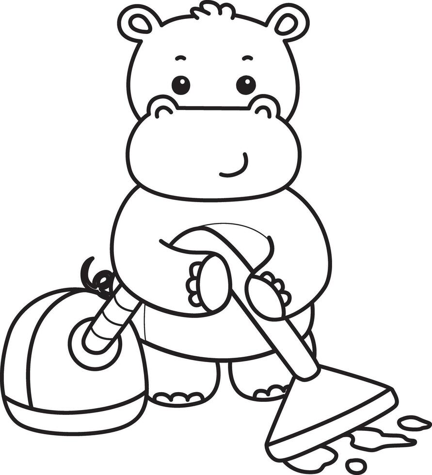 Outline of hippo cleaning the floor with vacuum cleaner. Coloring pages of cute hippo icon. vector