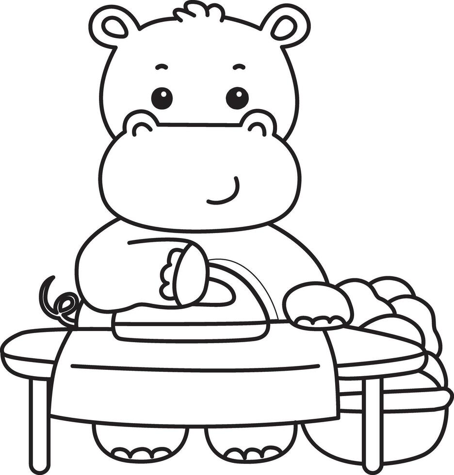 Outline of hippo ironing the clothes. Coloring pages of cute hippo icon. vector