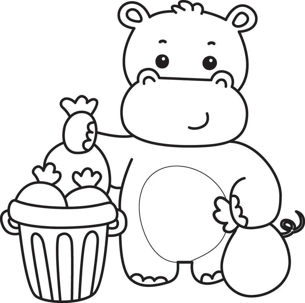 Outline of hippo throw the garbage into its place. Coloring pages of cute hippo icon. vector