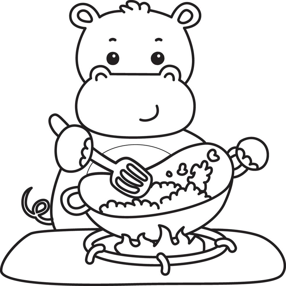 Outline of hippo cooking a fried rice. Coloring pages of cute hippo icon. vector