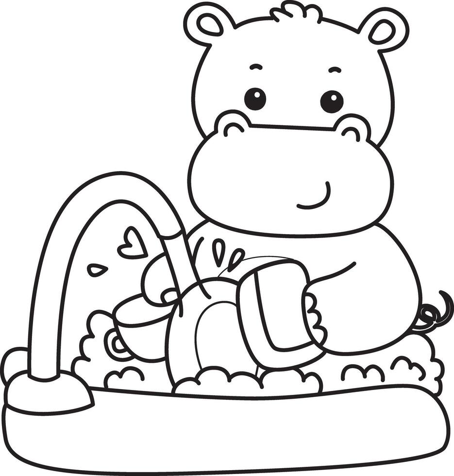Outline of hippo cleaning the plate in the sink. Coloring pages of cute hippo icon. vector