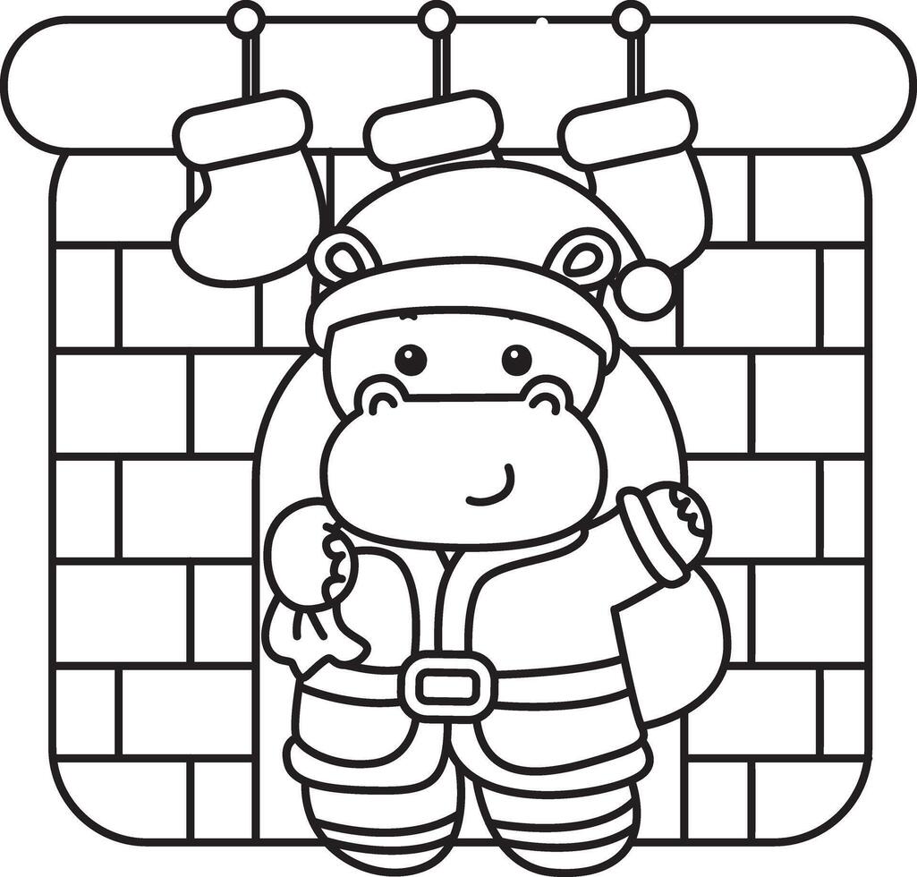 Outline of santa hippo arrive in the fire place. Coloring pages of cute hippo icon. vector