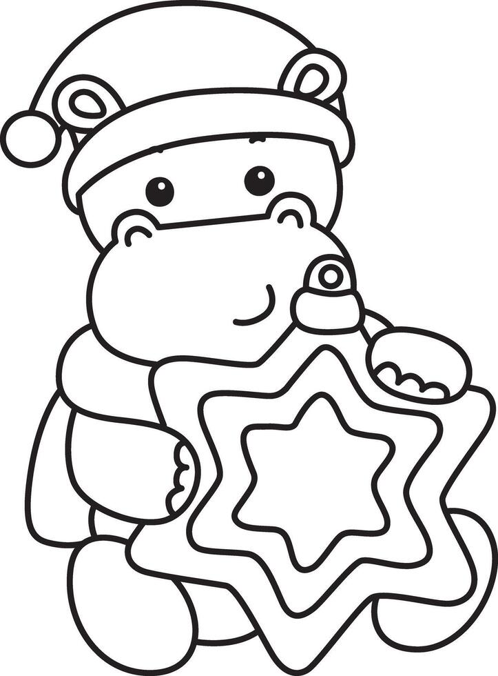 Outline of santa hippo bring a stars. Coloring pages of cute hippo icon. vector
