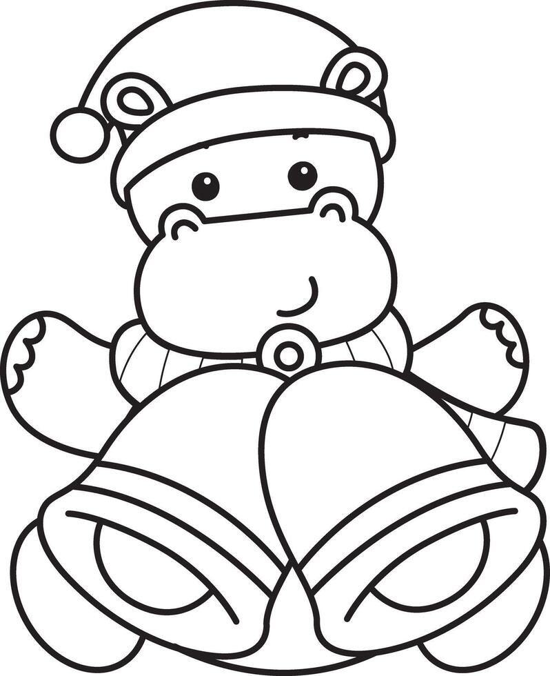 Outline of santa hippo bring a bells. Coloring pages of cute hippo icon. vector