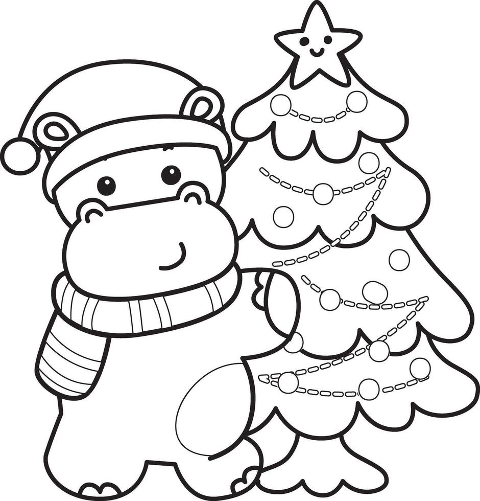 Outline of santa hippo with christmas tree. Coloring pages of cute hippo icon. vector