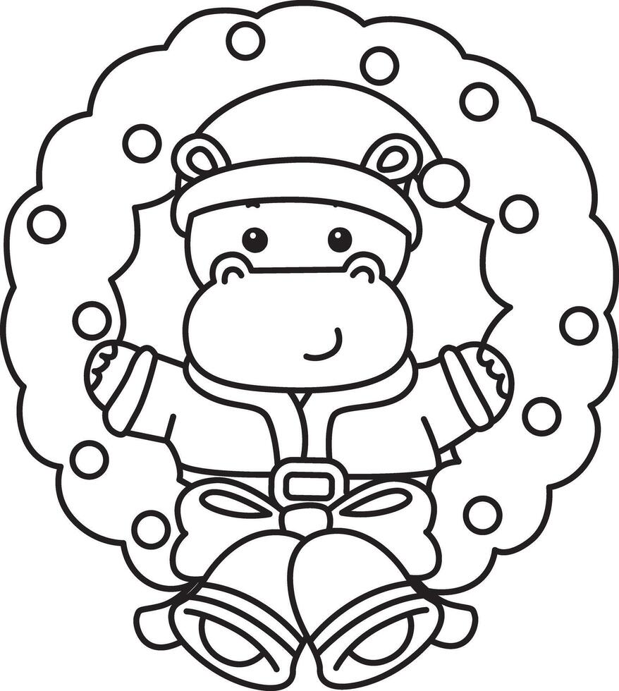 Outline of santa hippo in the middle of door decoration. Coloring pages of cute hippo icon. vector