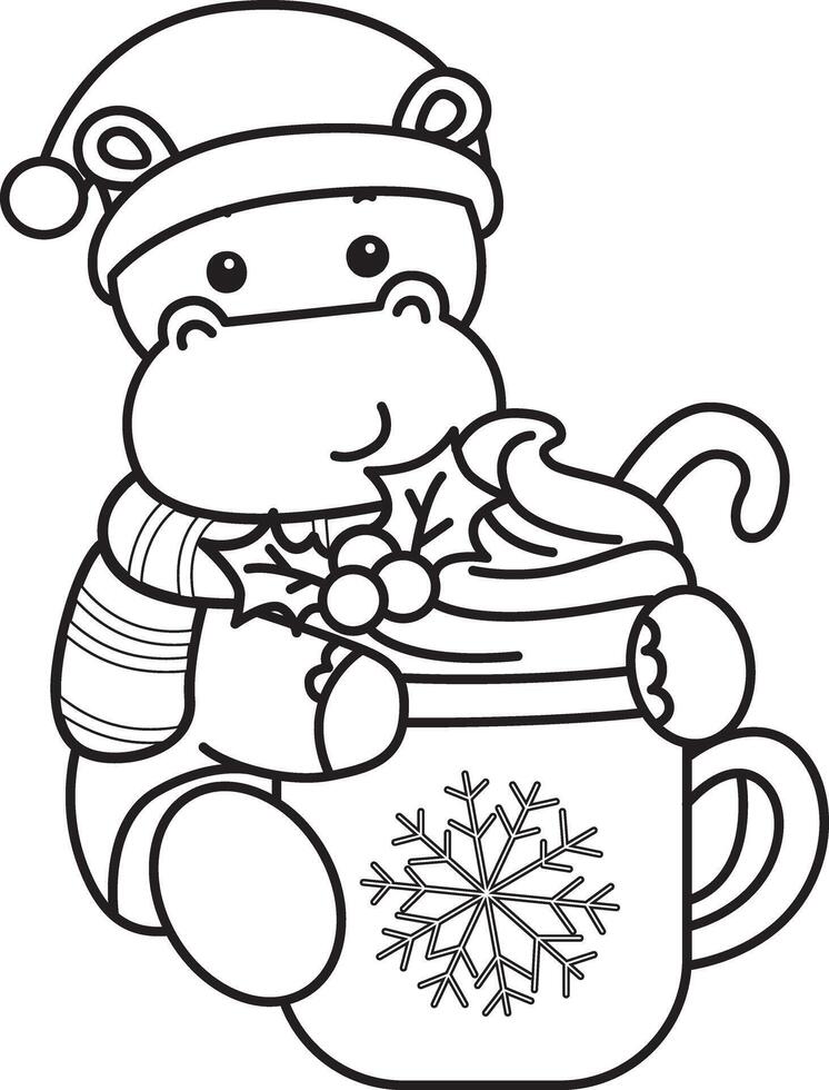 Outline of santa hippo with hot chocolate. Coloring pages of cute hippo icon. vector