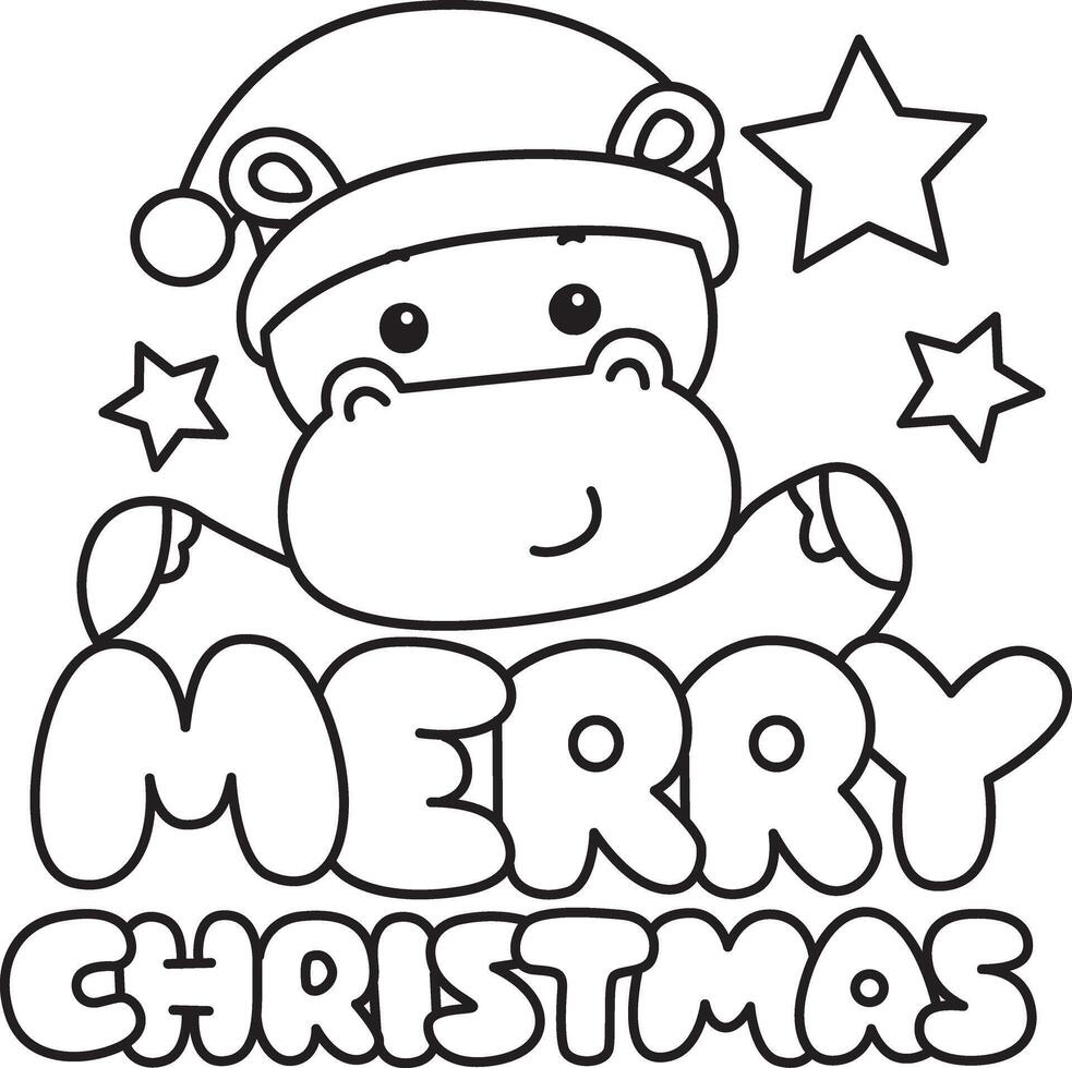 outline of santa hippo with merry christmas text. Coloring pages of cute hippo icon. vector