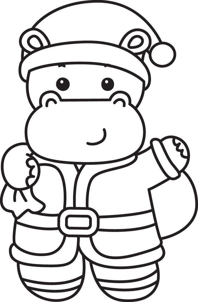Outline of santa hippo bring a buck of gift. Coloring pages of cute hippo icon. vector